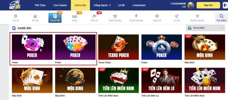 Thông tin về Poker Sky88 